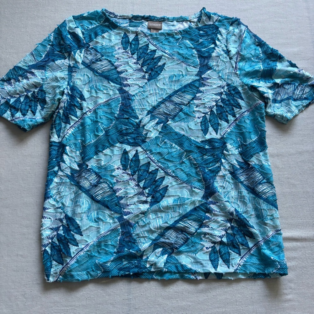 Chico's Blue Embellished Resort Top 2/L | Coastal